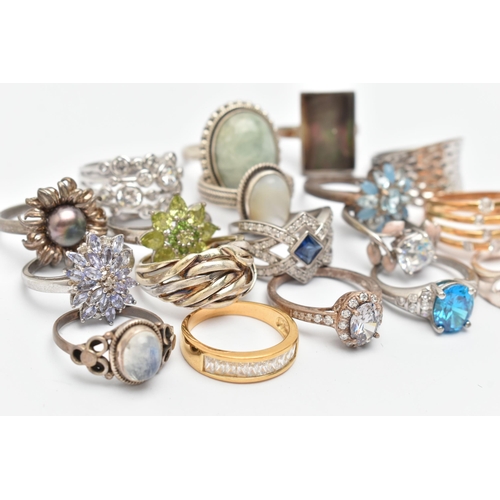 130 - EIGHTEEN SILVER AND WHITE METAL GEM SET RINGS, to include cubic zirconia rings, a dyed cultured pear... 