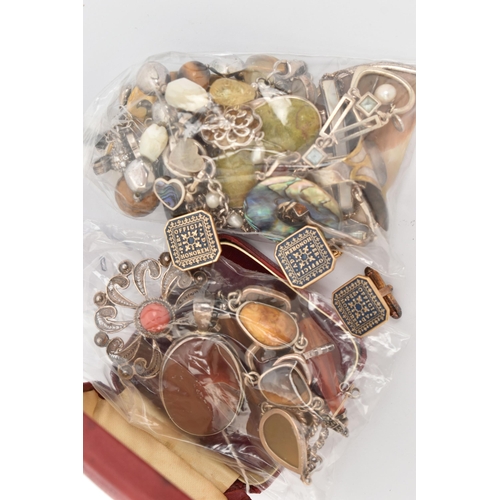 131 - A SELECTION OF GEM SET SILVER AND WHITE METAL JEWELLERY AND ENAMEL SILVER CUFFLINK AND DRESS STUD SE... 