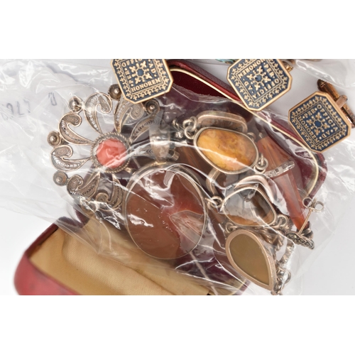 131 - A SELECTION OF GEM SET SILVER AND WHITE METAL JEWELLERY AND ENAMEL SILVER CUFFLINK AND DRESS STUD SE... 