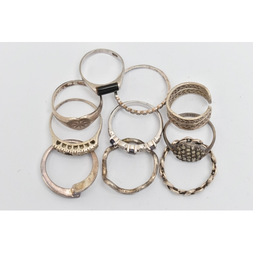133 - TEN WHITE METAL RINGS, of various designs and sizes, some stamped 925, silver, some unmarked metal, ... 