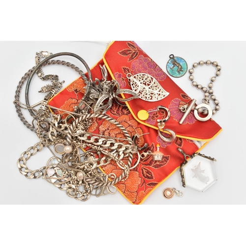 142 - A SELECTION OF SILVER AND WHITE METAL JEWELLERY, to include a pair of onyx and marcasite ear hoops, ... 