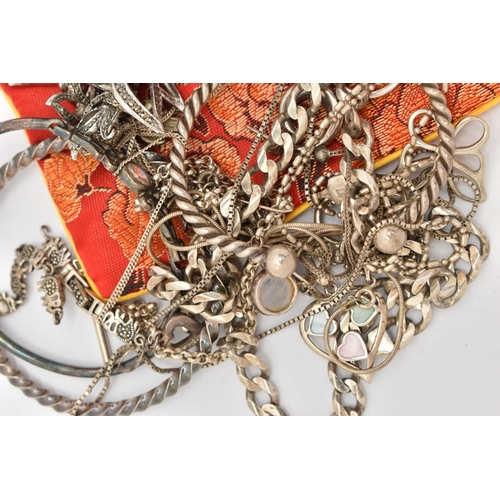 142 - A SELECTION OF SILVER AND WHITE METAL JEWELLERY, to include a pair of onyx and marcasite ear hoops, ... 