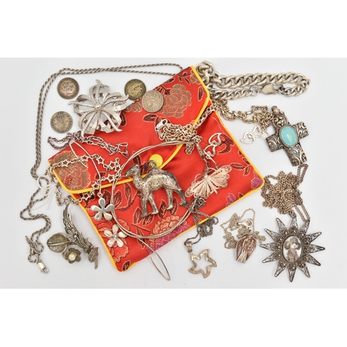 143 - A SELECTION OF SILVER AND WHITE METAL JEWELLERY, to include a pair of long floral ear pendants stamp... 