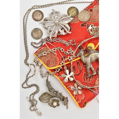 143 - A SELECTION OF SILVER AND WHITE METAL JEWELLERY, to include a pair of long floral ear pendants stamp... 