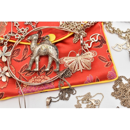 143 - A SELECTION OF SILVER AND WHITE METAL JEWELLERY, to include a pair of long floral ear pendants stamp... 