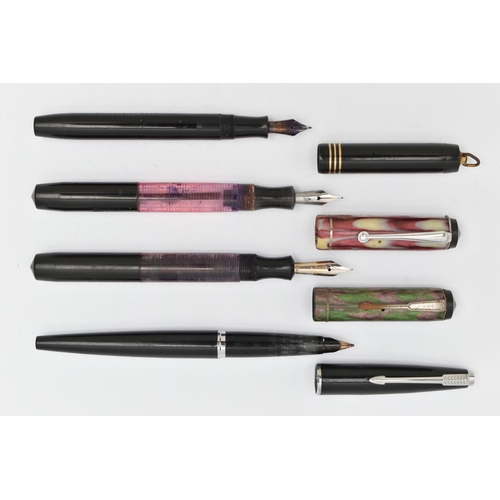 144 - FOUR PENS, to include two Platignum Visi-ink pens with marble effect lids, a Parker fountain pen, a ... 