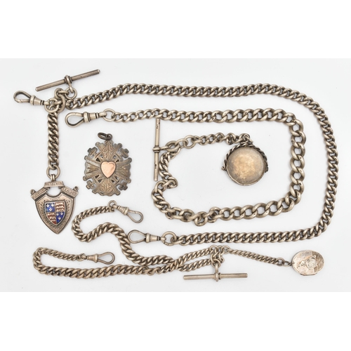 145 - THREE SILVER ALBERT CHAINS WITH FOB MEDALS, LOCKET AND A QUEEN VICTORIA SHILLING COIN, the first a g... 