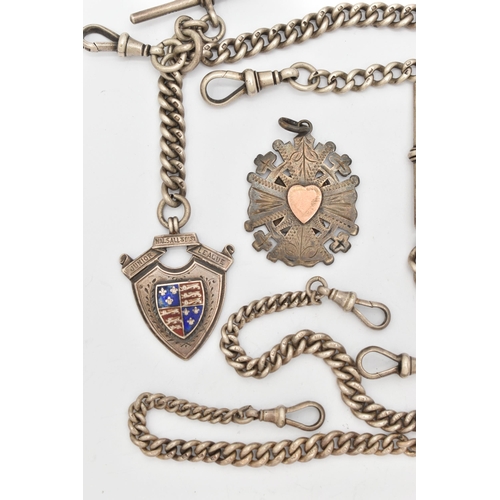145 - THREE SILVER ALBERT CHAINS WITH FOB MEDALS, LOCKET AND A QUEEN VICTORIA SHILLING COIN, the first a g... 