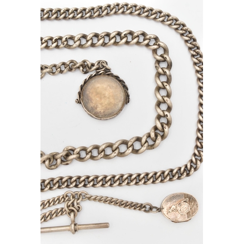 145 - THREE SILVER ALBERT CHAINS WITH FOB MEDALS, LOCKET AND A QUEEN VICTORIA SHILLING COIN, the first a g... 