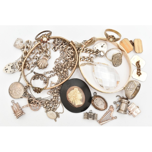 148 - AN ASSORTMENT OF SILVER, WHITE METAL AND ROLLED GOLD JEWELLERY, to include a silver curb link bracel... 
