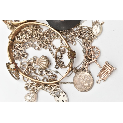 148 - AN ASSORTMENT OF SILVER, WHITE METAL AND ROLLED GOLD JEWELLERY, to include a silver curb link bracel... 