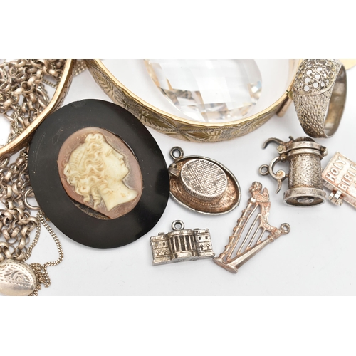148 - AN ASSORTMENT OF SILVER, WHITE METAL AND ROLLED GOLD JEWELLERY, to include a silver curb link bracel... 