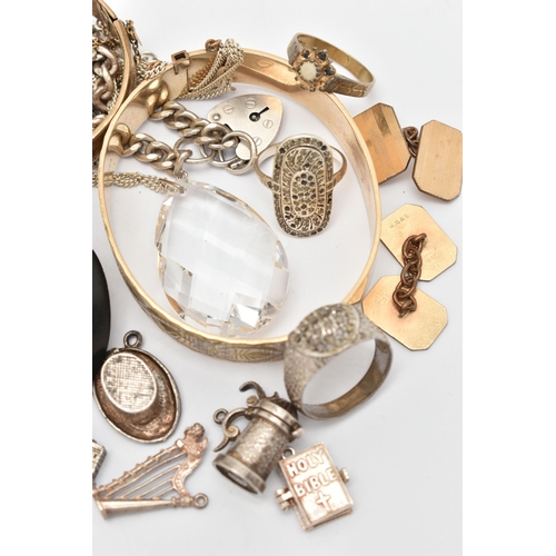 148 - AN ASSORTMENT OF SILVER, WHITE METAL AND ROLLED GOLD JEWELLERY, to include a silver curb link bracel... 