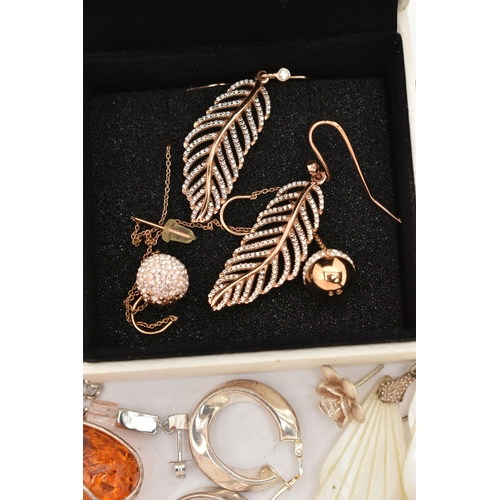 151 - A SELECTION OF SILVER AND WHITE METAL JEWELLERY, to include a pair of Pandora leaf design drop earri... 