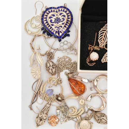 151 - A SELECTION OF SILVER AND WHITE METAL JEWELLERY, to include a pair of Pandora leaf design drop earri... 
