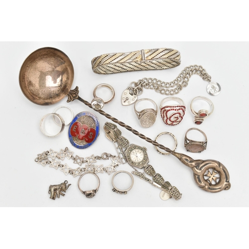 152 - A SELECTION OF SILVER AND WHITE METAL JEWELLERY ETC., to include a Maltese silver spoon with twisted... 
