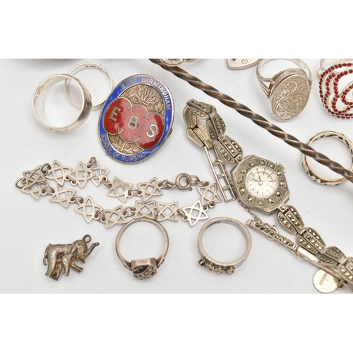 152 - A SELECTION OF SILVER AND WHITE METAL JEWELLERY ETC., to include a Maltese silver spoon with twisted... 