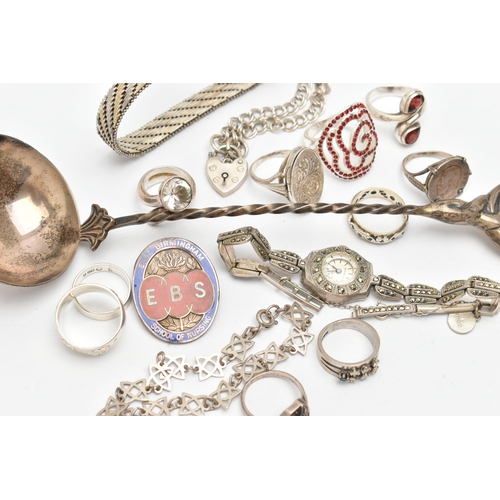 152 - A SELECTION OF SILVER AND WHITE METAL JEWELLERY ETC., to include a Maltese silver spoon with twisted... 