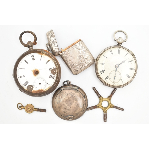 154 - TWO SILVER POCKET WATCHES A PILL BOX AND VESTA CASE, the first a key wound open face pocket watch, r... 
