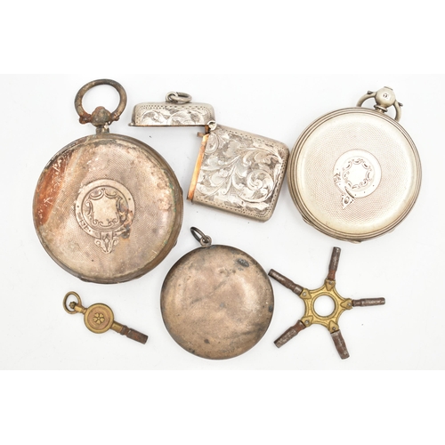 154 - TWO SILVER POCKET WATCHES A PILL BOX AND VESTA CASE, the first a key wound open face pocket watch, r... 