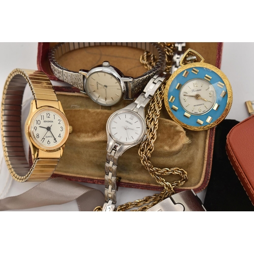 161 - A SELECTION OF WATCHES TOGETHER WITH AN ANTIQUE WATCH BOX, to include two SEKONDA wristwatch, a SEIK... 