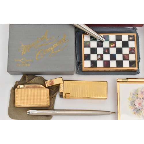 165 - A SELECTION OF PENS, LIGHTERS AND COMPACTS, to include three Parker pens with brushed steel cases, a... 