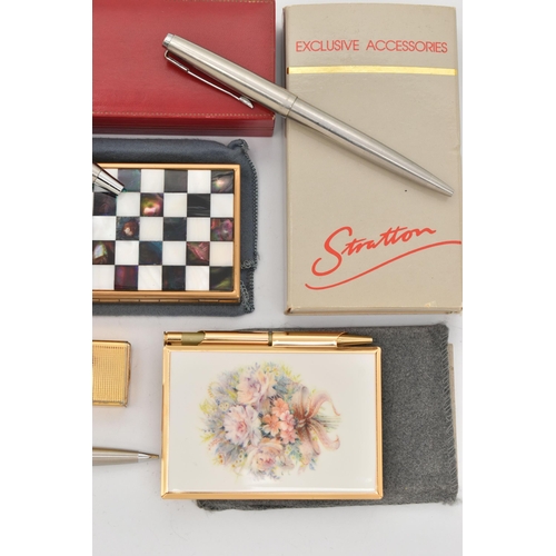 165 - A SELECTION OF PENS, LIGHTERS AND COMPACTS, to include three Parker pens with brushed steel cases, a... 