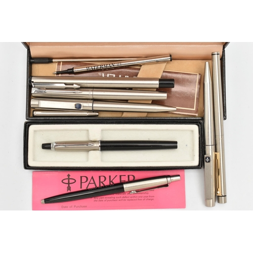 166 - A SELECTION OF PENS, to include a cased Sheaffer pen, a cased Parker pen and five further Parker pen... 