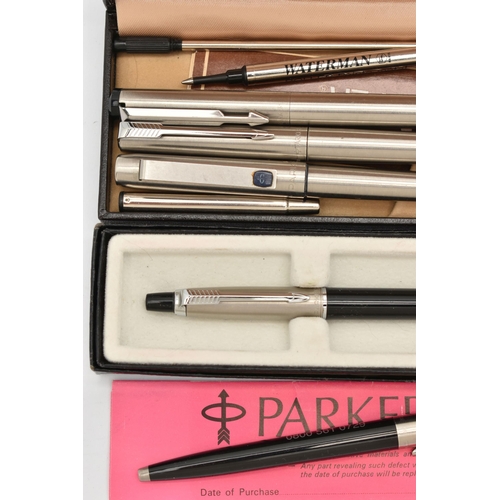 166 - A SELECTION OF PENS, to include a cased Sheaffer pen, a cased Parker pen and five further Parker pen... 