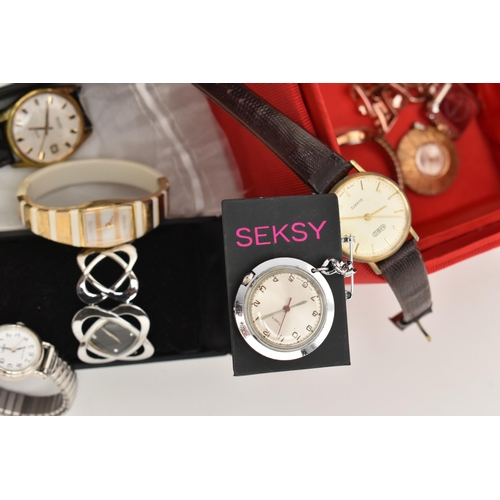 167 - A SELECTION OF WATCHES, to include a cased Seksy watch, two lady's textured finish Accurist wristwat... 