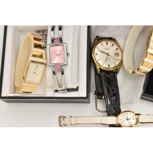 167 - A SELECTION OF WATCHES, to include a cased Seksy watch, two lady's textured finish Accurist wristwat... 