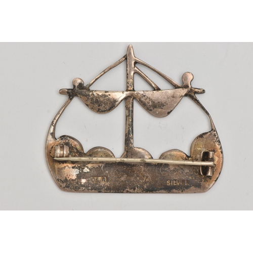 93 - AN 'OLA GORIE' WHITE METAL BROOCH, in the form of a Viking long boat, makers mark 'O.L.A', stamped '... 