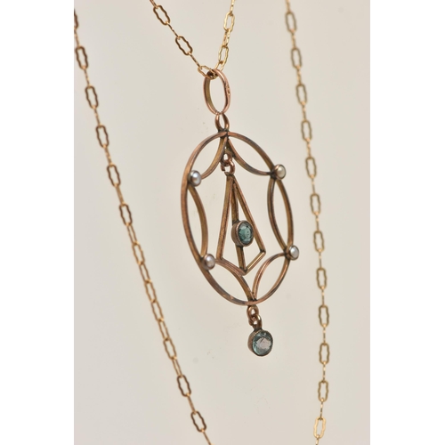 95 - AN EDWARDIAN YELLOW METAL GEM SET AND SPLIT PEARL PENDANT, WITH CHAIN, the pendant designed as a web... 