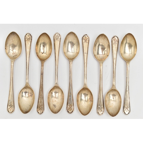 168 - A SET OF NINE SILVER TEASPOONS, all with golf motifs to the terminals, all with silver hallmarks for... 