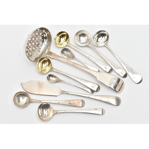 169 - A SILVER SUGAR SIFTER AND ASSORTED CUTLERY, fiddle pattern sifter with engraved crest to the termina... 