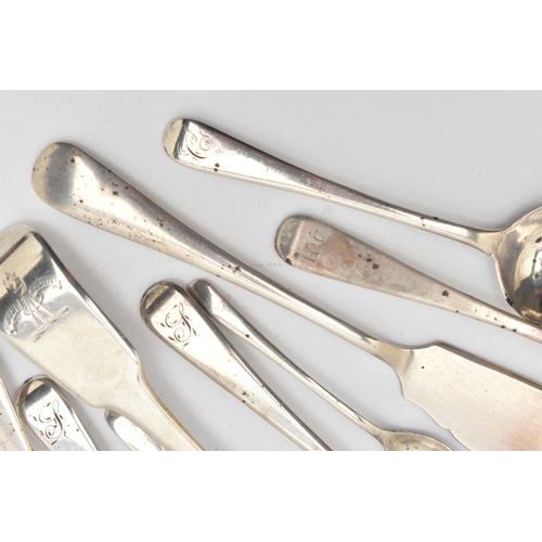 169 - A SILVER SUGAR SIFTER AND ASSORTED CUTLERY, fiddle pattern sifter with engraved crest to the termina... 