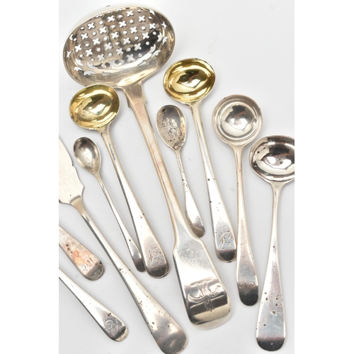 169 - A SILVER SUGAR SIFTER AND ASSORTED CUTLERY, fiddle pattern sifter with engraved crest to the termina... 