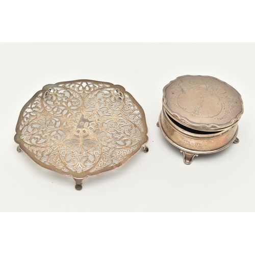 174 - A SILVER TRINKET BOX AND TRIVET, the trinket box of a circular form, etched floral pattern with vaca... 