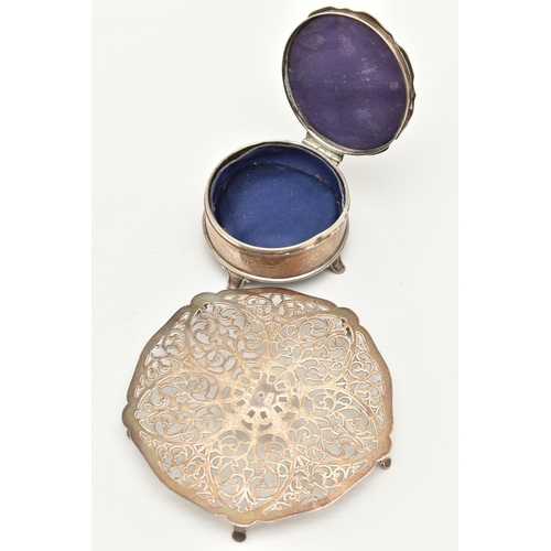 174 - A SILVER TRINKET BOX AND TRIVET, the trinket box of a circular form, etched floral pattern with vaca... 