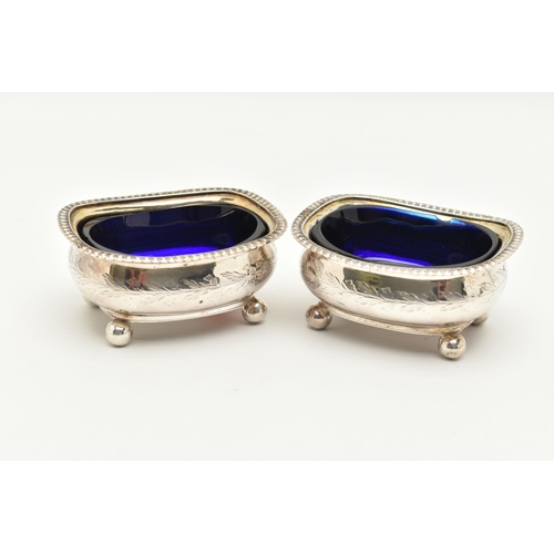 175 - A PAIR OF GEORGIAN SILVER SALTS, rounded rectangular form with gadrooned rims, engraved thistle deta... 