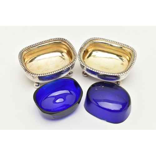 175 - A PAIR OF GEORGIAN SILVER SALTS, rounded rectangular form with gadrooned rims, engraved thistle deta... 