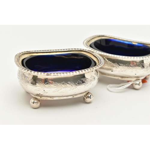175 - A PAIR OF GEORGIAN SILVER SALTS, rounded rectangular form with gadrooned rims, engraved thistle deta... 