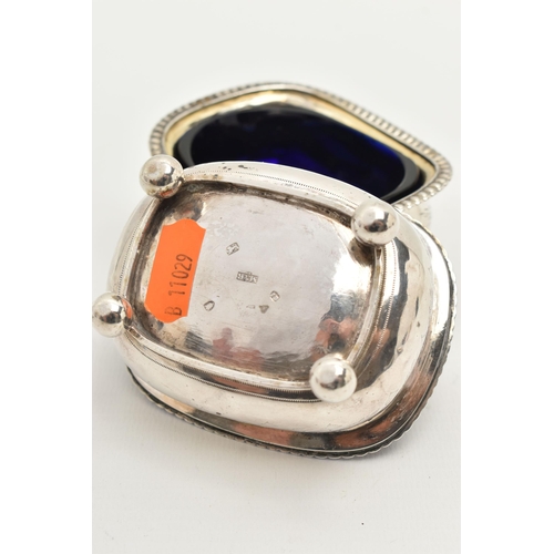 175 - A PAIR OF GEORGIAN SILVER SALTS, rounded rectangular form with gadrooned rims, engraved thistle deta... 