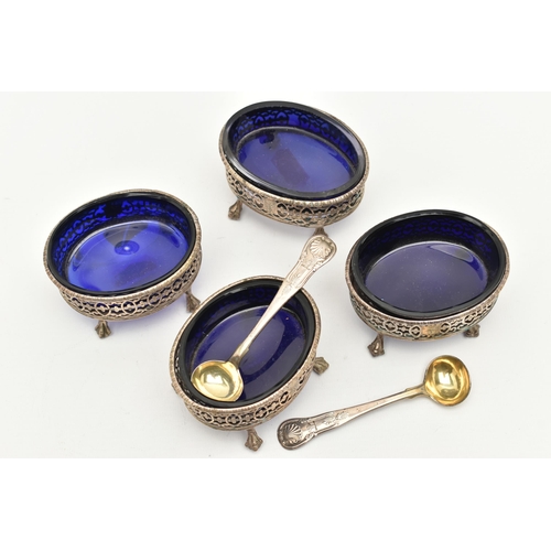 176 - A SET OF FOUR GEORGE III SILVER SALTS WITH TWO SPOONS, each of an oval pierced form with engraved cr... 