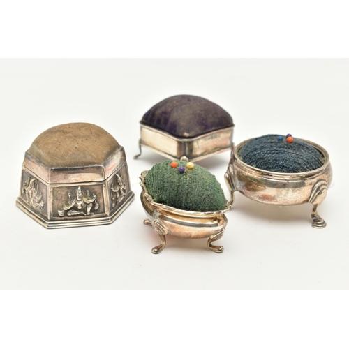 177 - FOUR PIN CUSHIONS, two possible salt conversions, the first fitted with a green fabric cushion, hall... 