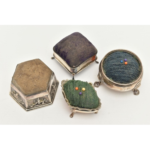 177 - FOUR PIN CUSHIONS, two possible salt conversions, the first fitted with a green fabric cushion, hall... 