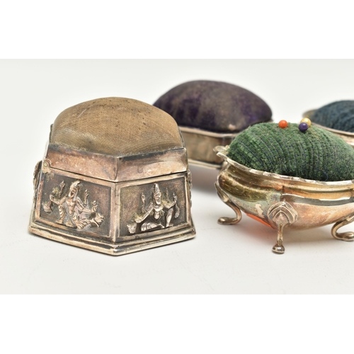 177 - FOUR PIN CUSHIONS, two possible salt conversions, the first fitted with a green fabric cushion, hall... 