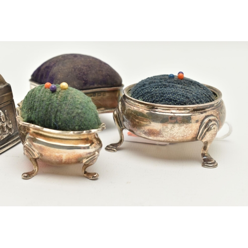177 - FOUR PIN CUSHIONS, two possible salt conversions, the first fitted with a green fabric cushion, hall... 