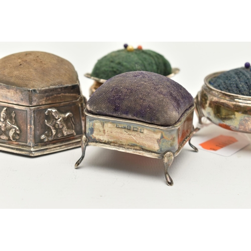177 - FOUR PIN CUSHIONS, two possible salt conversions, the first fitted with a green fabric cushion, hall... 