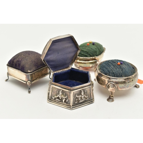 177 - FOUR PIN CUSHIONS, two possible salt conversions, the first fitted with a green fabric cushion, hall... 